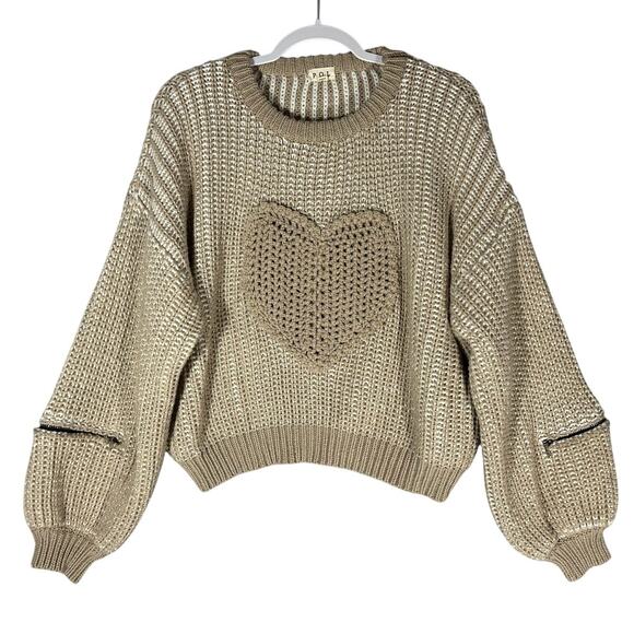 POL Sweaters - POL Oversized Knit Sweater Sz L Embroidered Heart Patch Balloon Sleeve Zippers